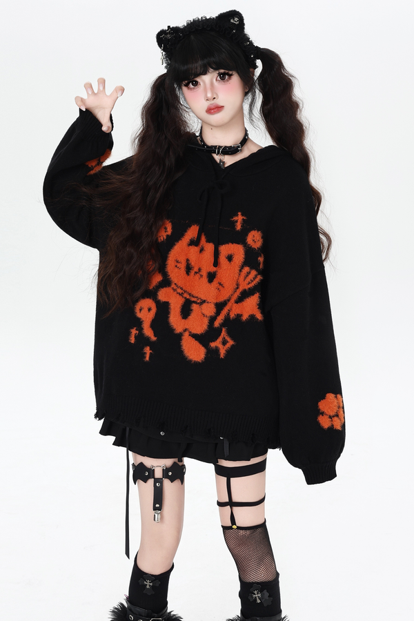 ナイトダークキャットルーズフードニット