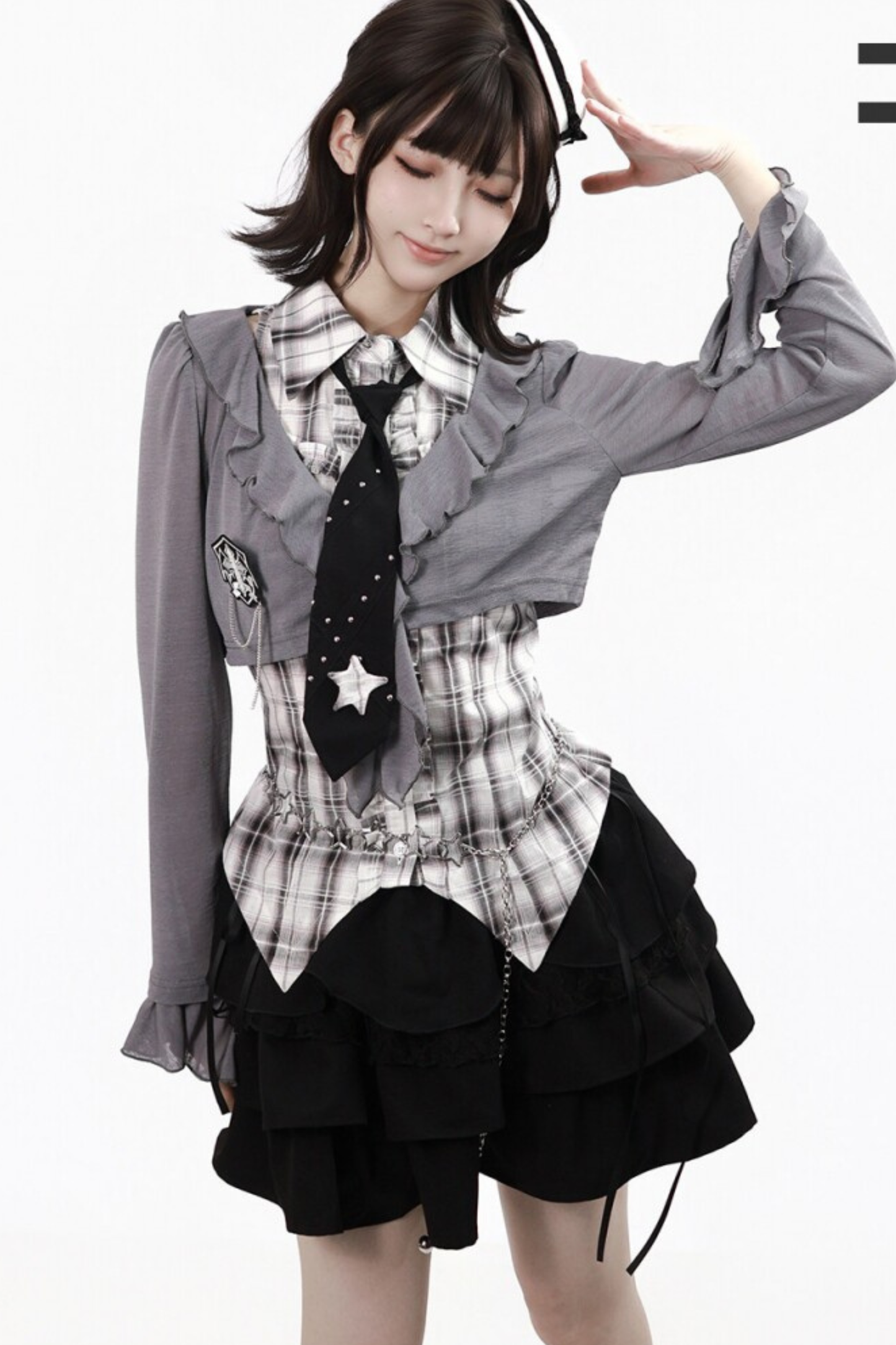 Plaid Sleeveless Shirt + Top + Tiered Skirt