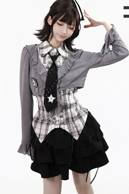 Plaid Sleeveless Shirt + Top + Tiered Skirt