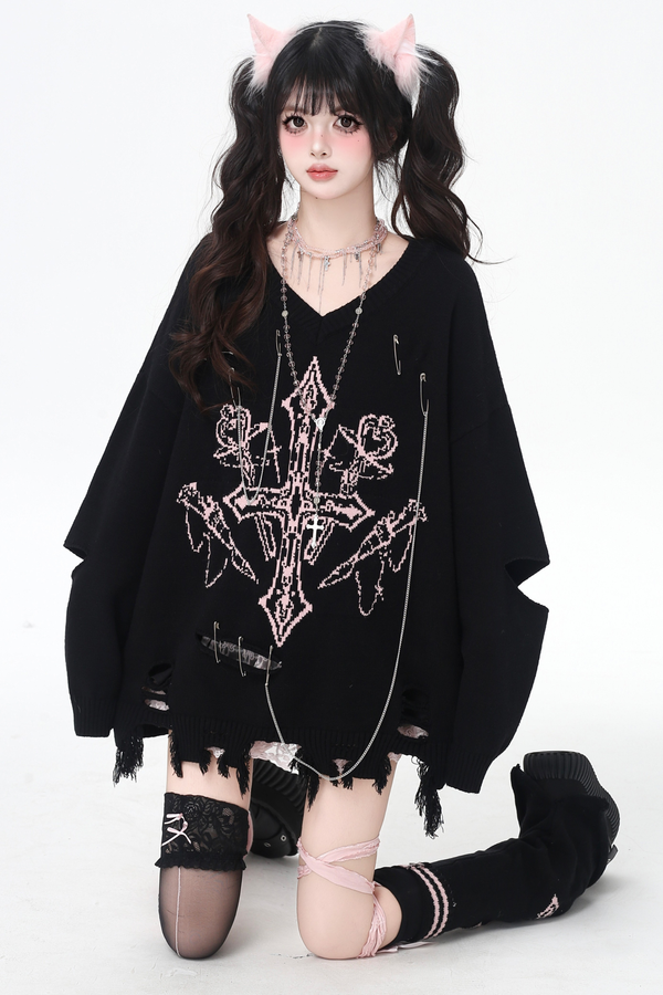 ゴシックライトアジアンVネックニッチルーズセーター