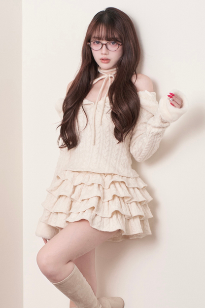 ケーブルニットトップス+ティアードスカート