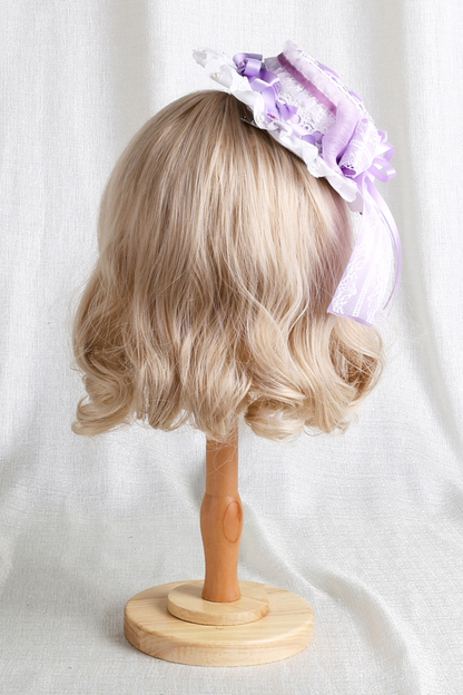 パープルブライダルリボンフラワーボンネット+ハットクリップ+ヘアバンド+リボンクリップ+スリーブ