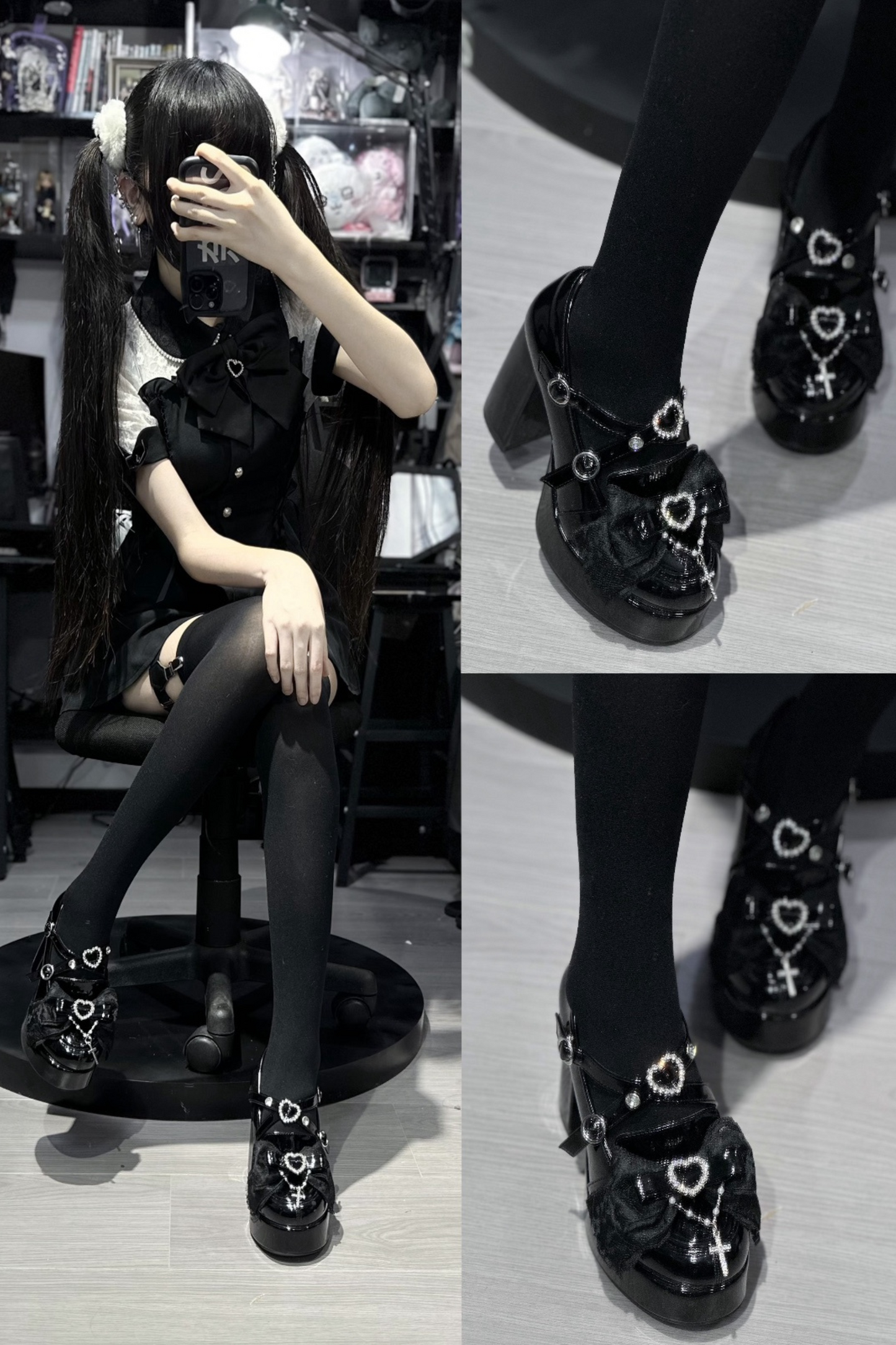 Stone heart ribbon platform shoes