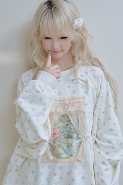 フローラルキャットレースカーテンスウェット