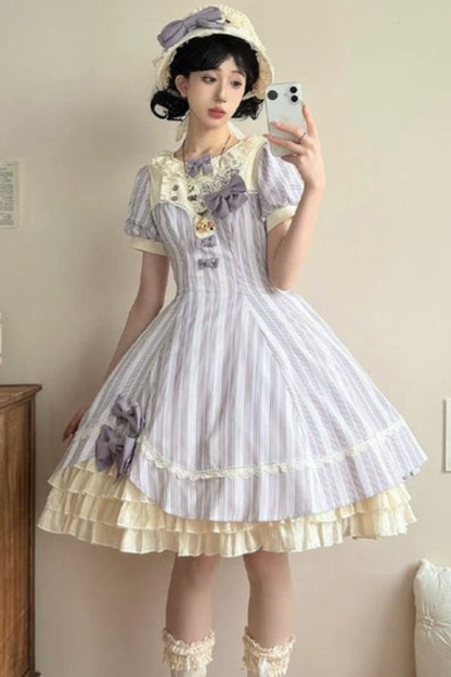 【预售商品】条纹洛丽塔连衣裙+蝴蝶结发夹