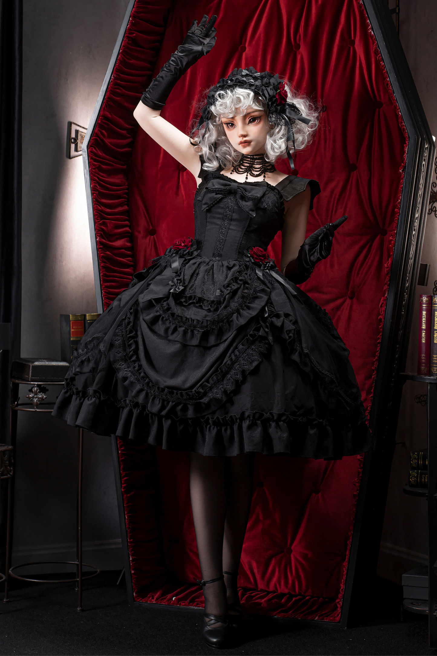 Dark Gothic Ribbon Lolita Dress + Waist Belt + Train + Hairband