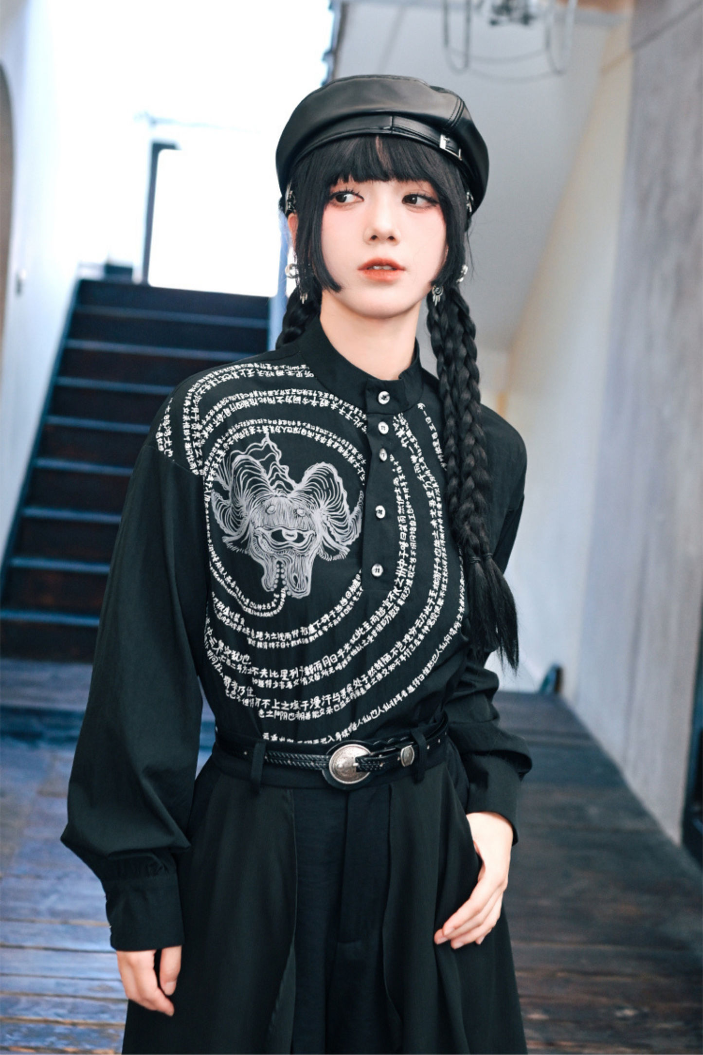 Stand collar print pullover top