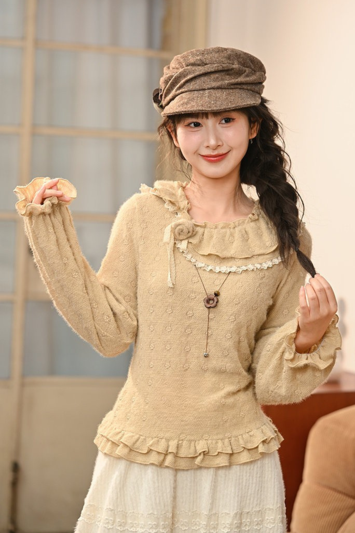 レースカラーロングスリーブトップス