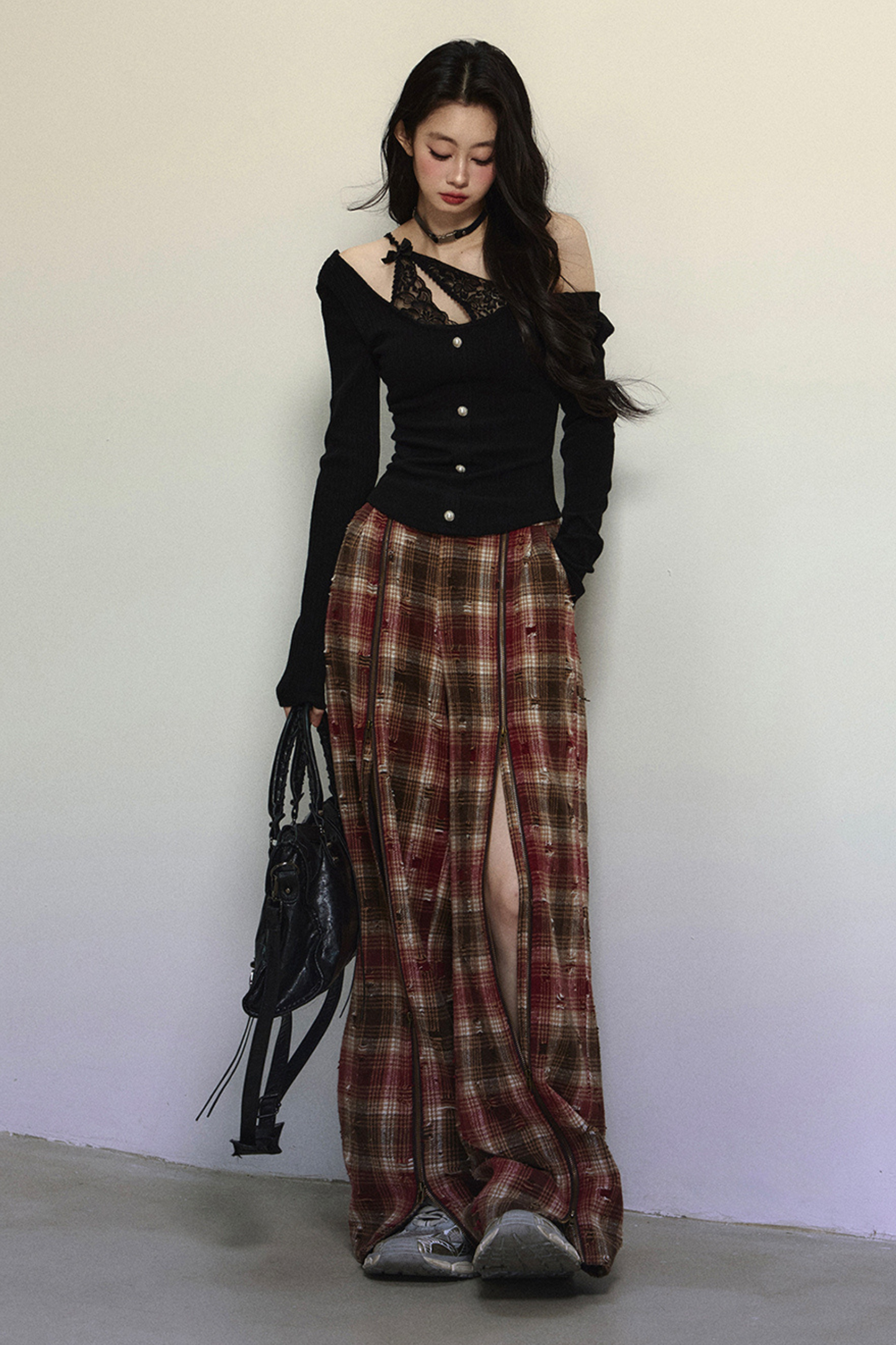 Academy Gallery Loose Lazy Style Slit Check Pants