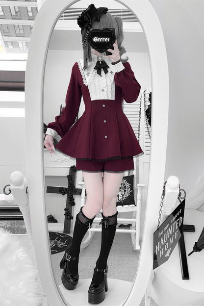 Cross Ruffle Collar Peplum Top + Shorts