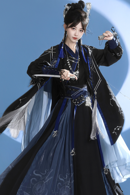 Dark china hooded top + belt + cape + necklace + skirt