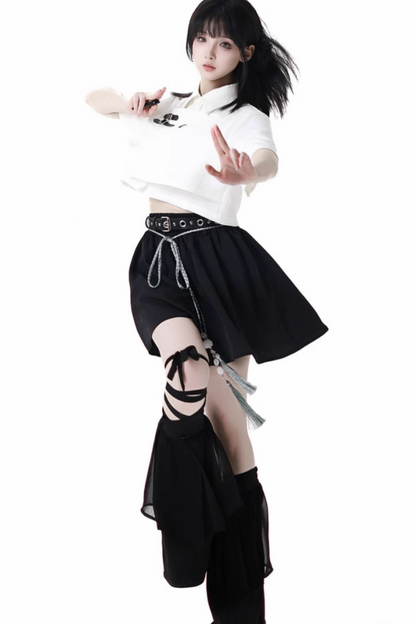 Mode tie short shirt + culottes ++ asymmetrical skirt + long skirt