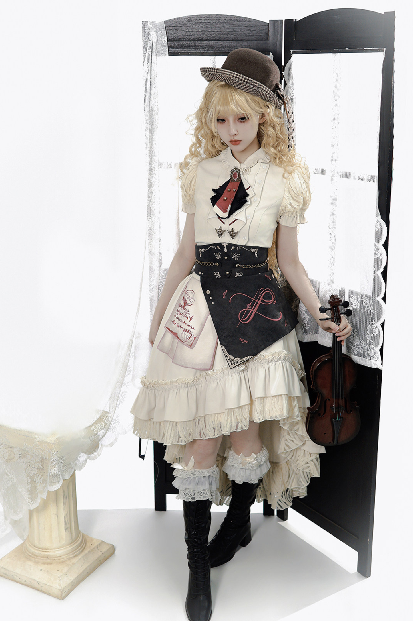 Vintage Lolita Puff Sleeve Top + Asymmetrical Skirt + Corset