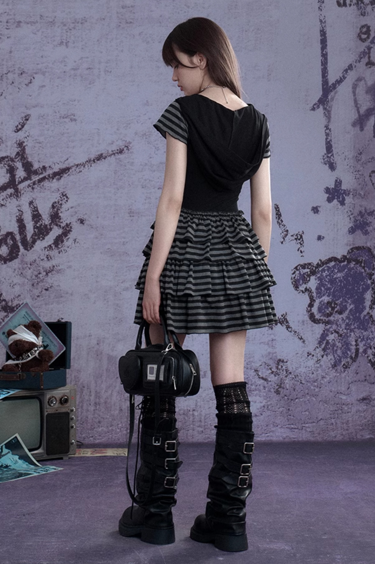 Vestido con capucha a rayas Y2K Punk