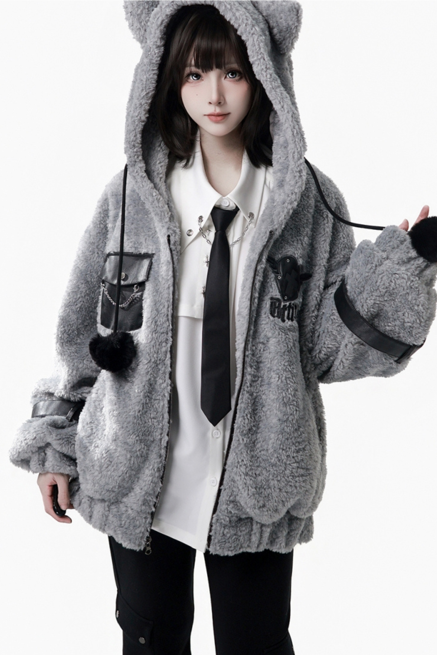 パッチワークファーフードコート+パンツ+シャツ+スカート+レッグカバー