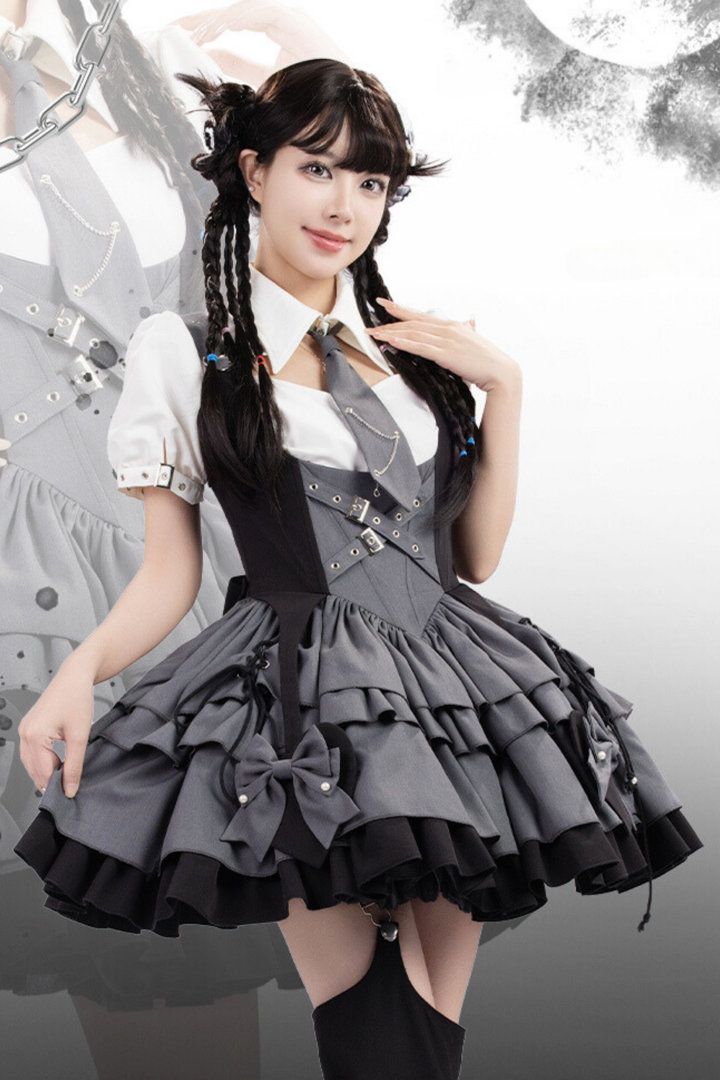 [Reservation product] College style gray black suspender dress