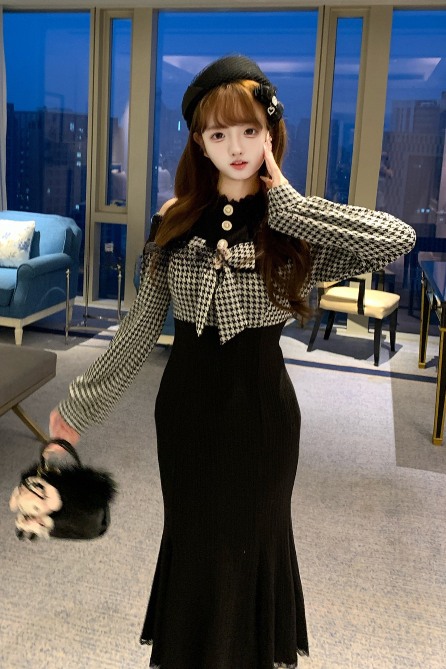 Chidori Plaid Dark Off-the-shoulder Dress