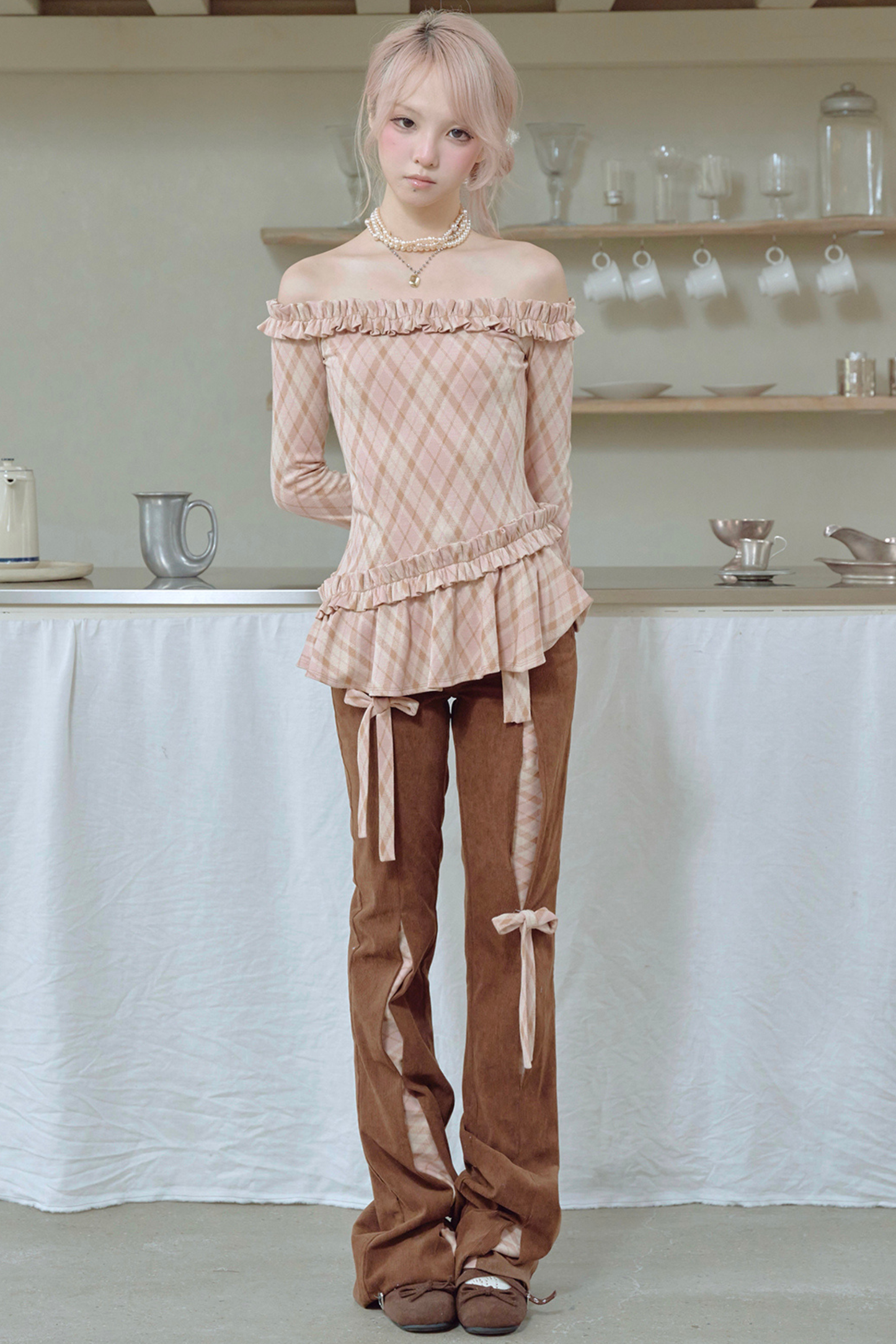 コーデュロイリボンフレアパンツ