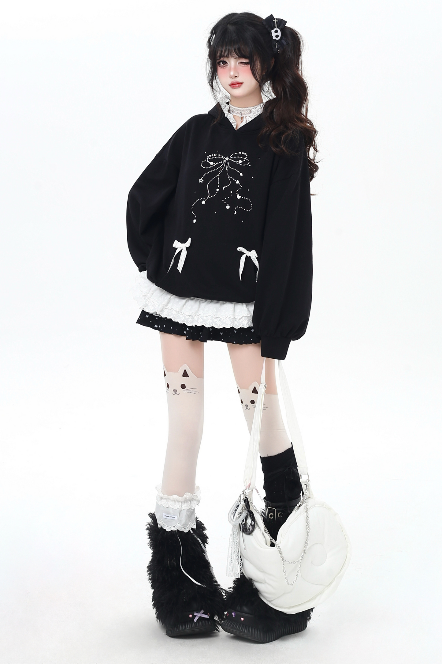 リボンデザインルーズフードスウェット