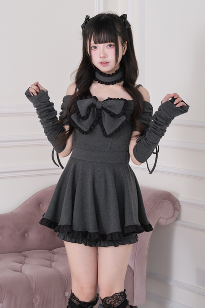 大蝴蝶结露肩连衣裙套装