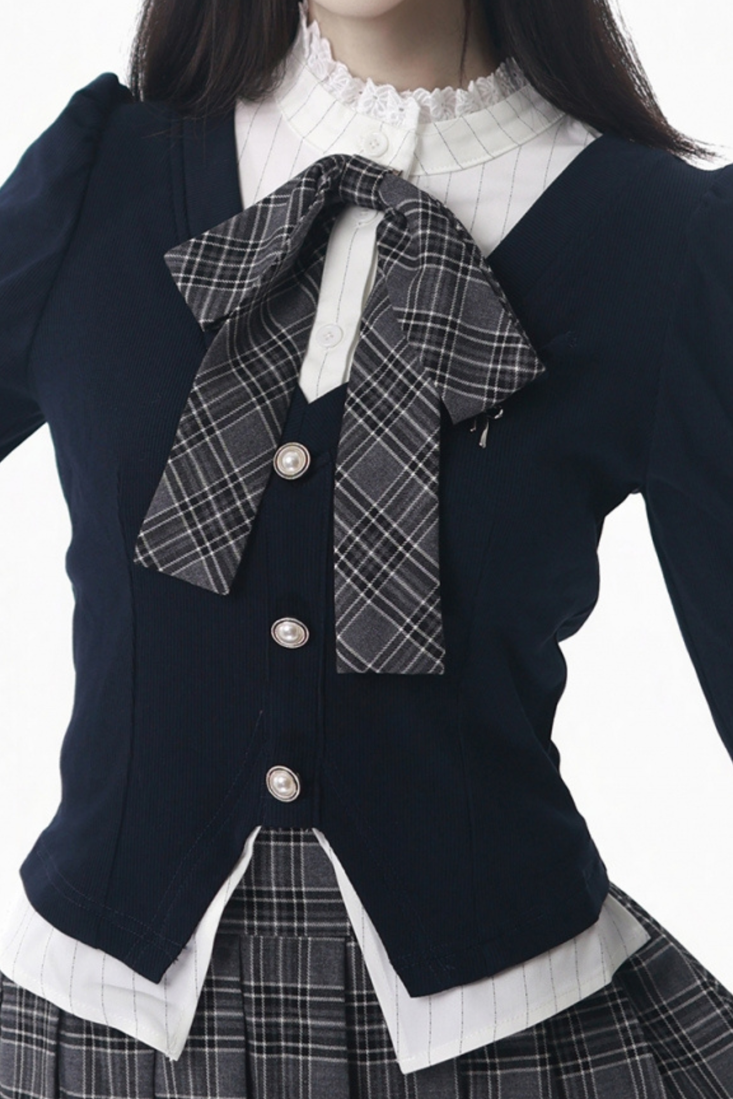 カレッジスリムフェイクツーピーストップス+チェックキュロット