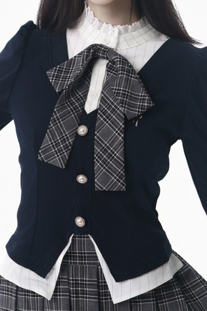 カレッジスリムフェイクツーピーストップス+チェックキュロット