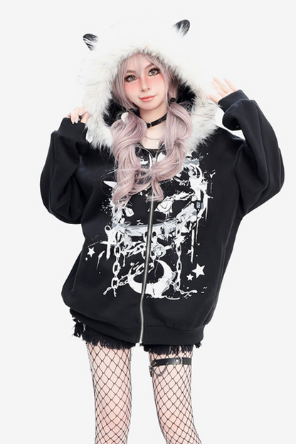 Dark Velvet Fur Cat Hooded Hoodie