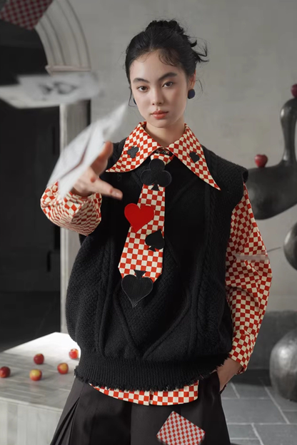 レトロチェックトランプデザインブラウス