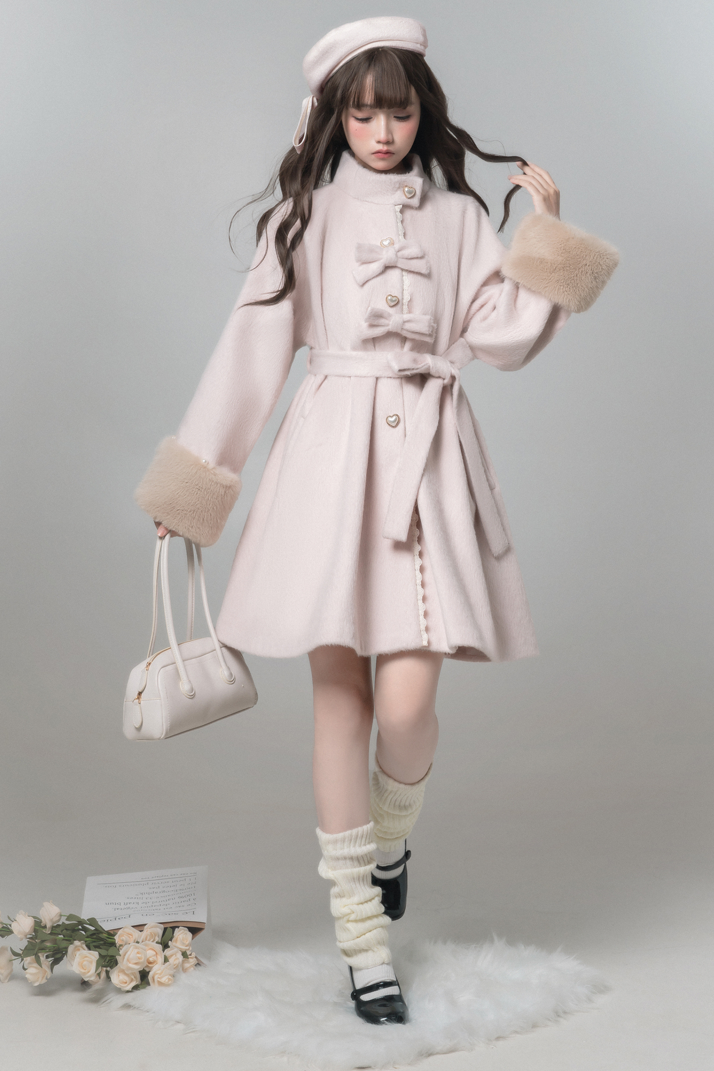 スイートガーリーリボンフレアコート+ファーカラー+シャツ+スカート+ベレー帽