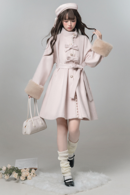 スイートガーリーリボンフレアコート+ファーカラー+シャツ+スカート+ベレー帽