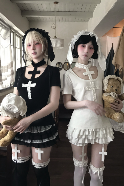 Gothic-Stil Kreuz-T-Shirt + Kreuzkragen + Kürbishose