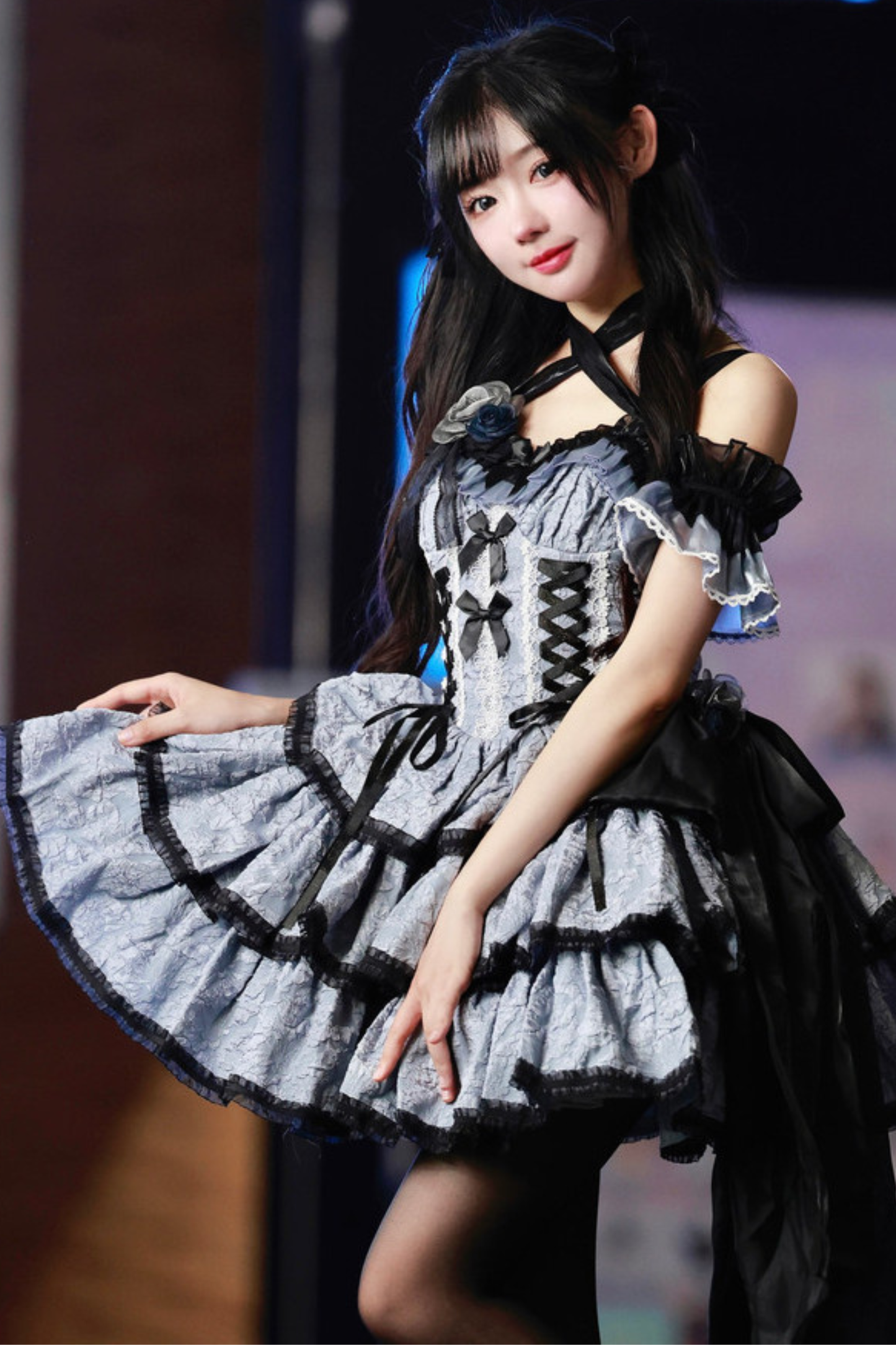 フリルレースアップロリータドレス