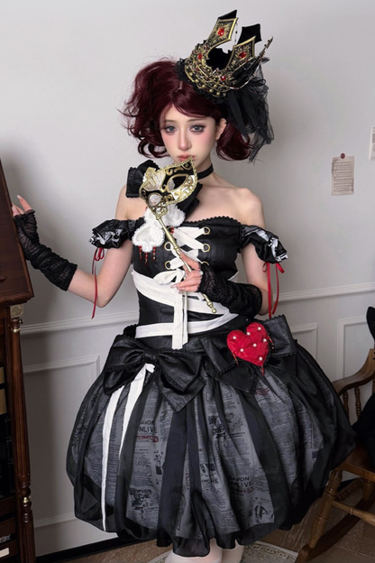 【9月3日予約締切】Gothic Fantasy Red Heart Black Balloon Corset Lolita Ribbon Dress + Ribbon Choker with Playing Card and Bead Motif