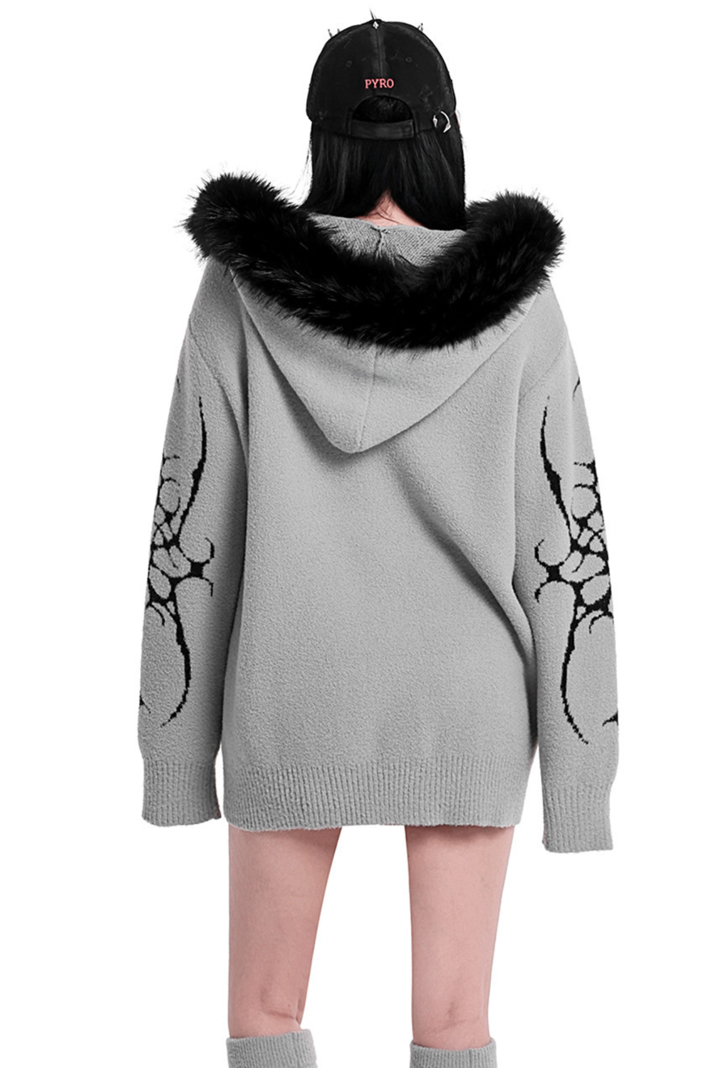 ゴシックファーフードルーズジップカーディガン