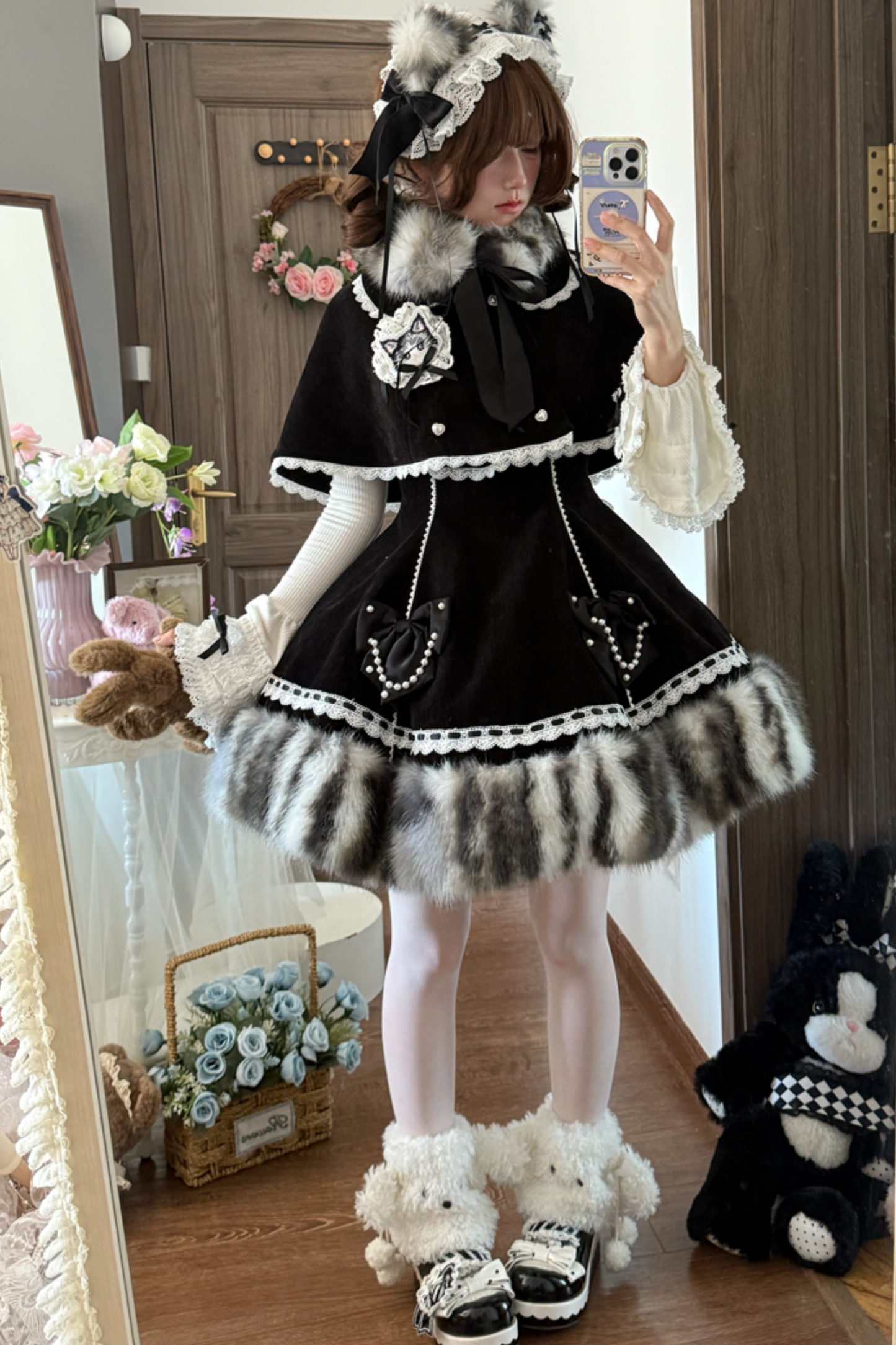 Cat Fleece Lolita Cape + Snow Lolita Dress + Flared Sleeve Top