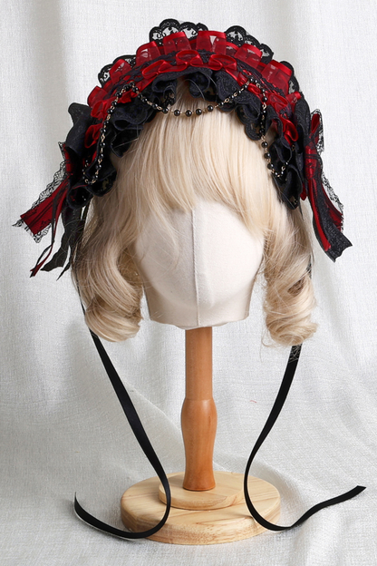 Dark Frilled Lolita Hairband + Flat Hat + Hat Clip + Ribbon Clip + Sleeve