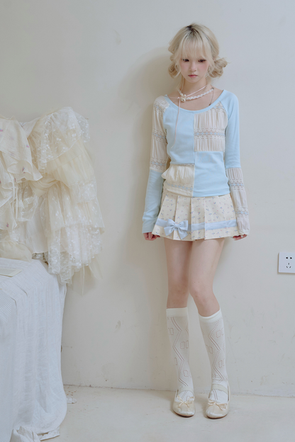 パッチワークデザインクルーネックトップス