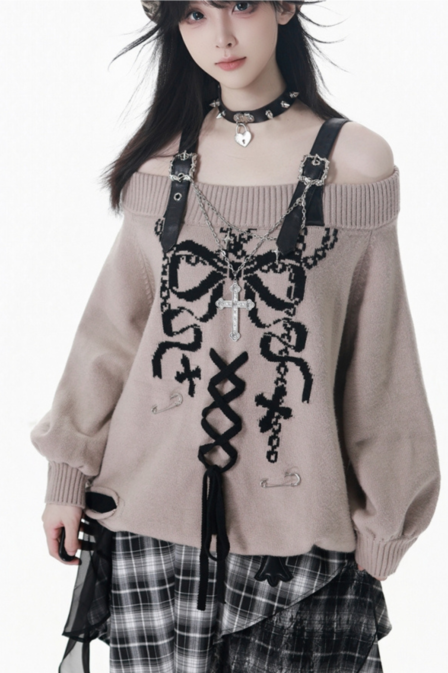 One-Shoulder Ribbon Top + Checked Asymmetrical Skirt