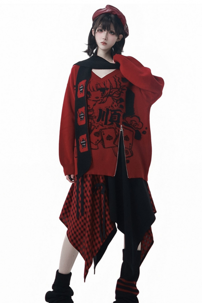 モードVネックニット+キュロット+スカート+レッグカバー+スカーフ