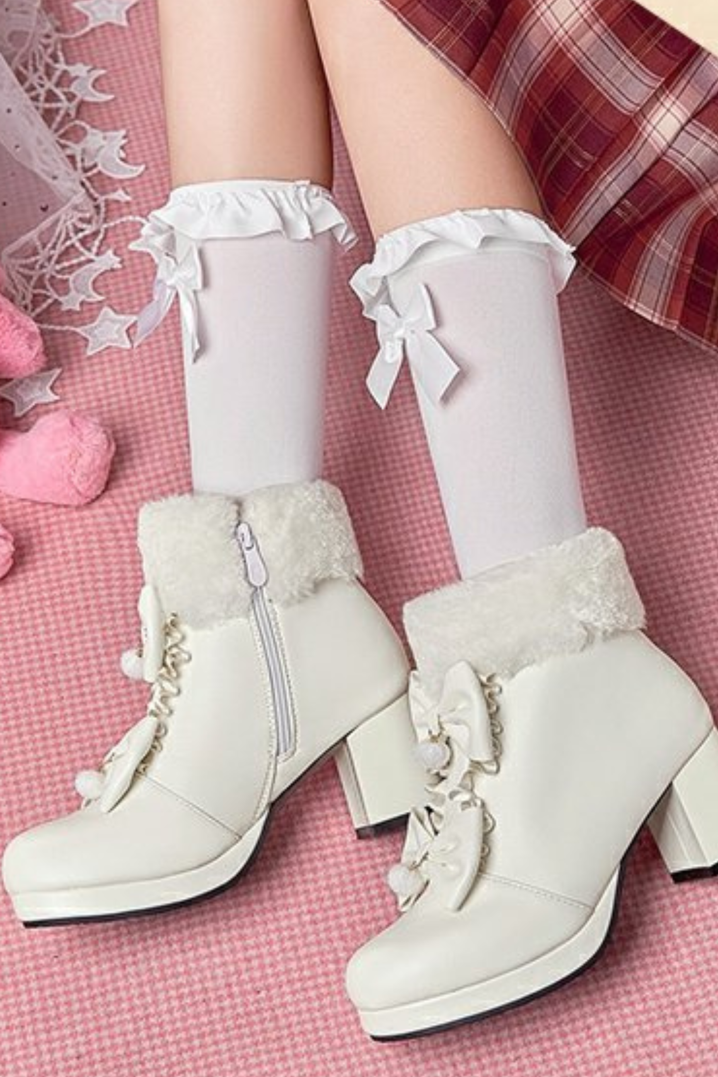 ダブルリボンファーショートブーツ