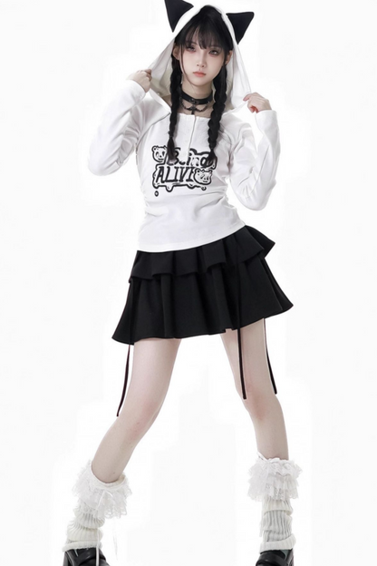 猫耳フードトップス+ルーズニットセーター+カーゴパンツ+ストラップスカート