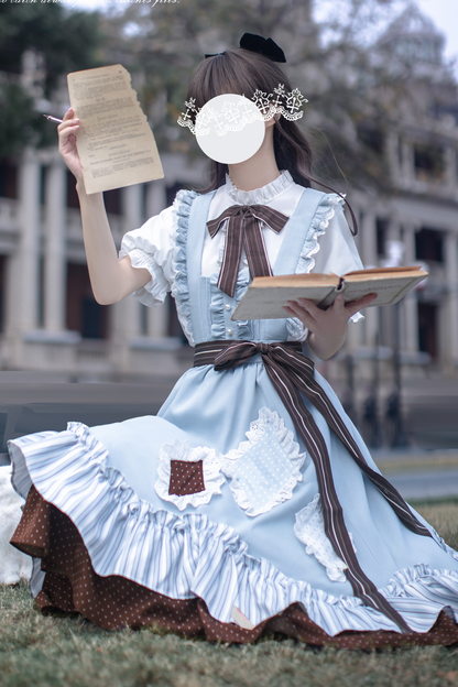 【予約商品】レトロアリス風サスペンダースカート＋シャツ＋リボンネクタイ＋ブローチ＋ヘアクリップ