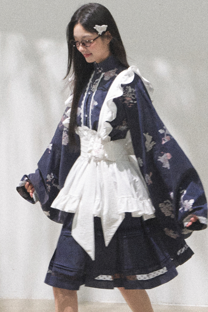 レトロスタンドカラーショートトップス+ミディアムスカート