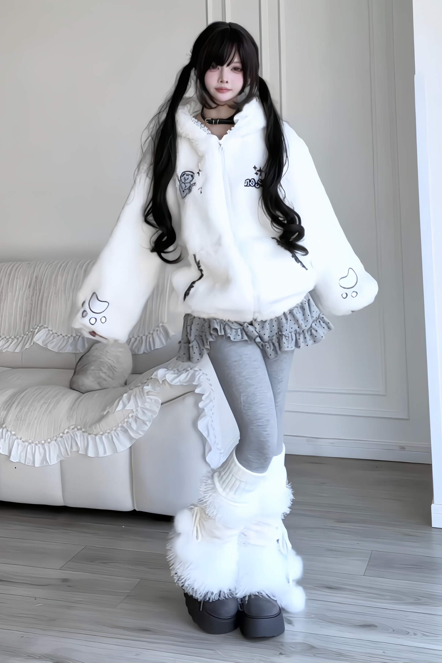 Rabbit Ear Fur Hooded Coat