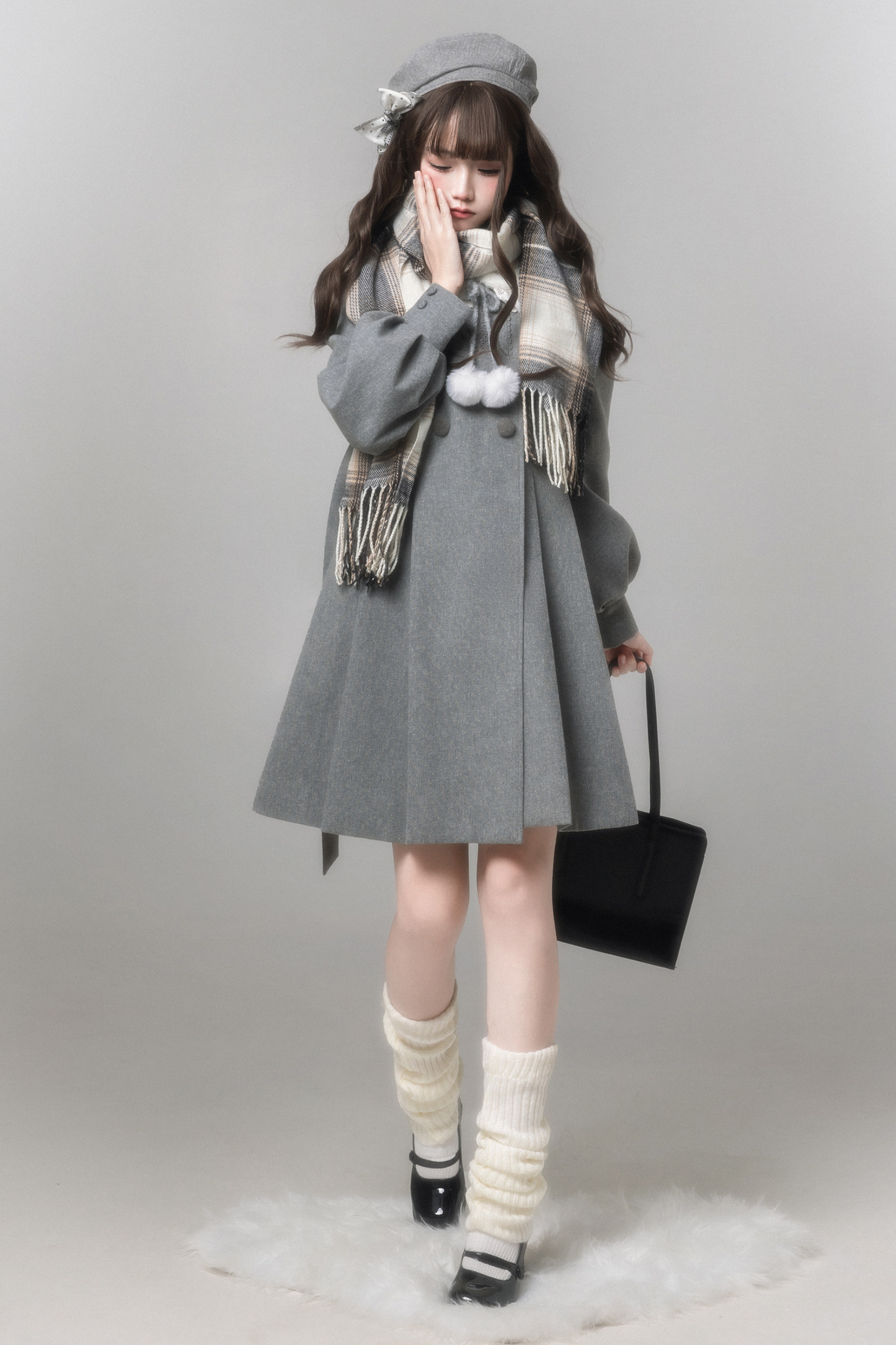 スイートフレアコート+スカート+シャツ+ベレー帽