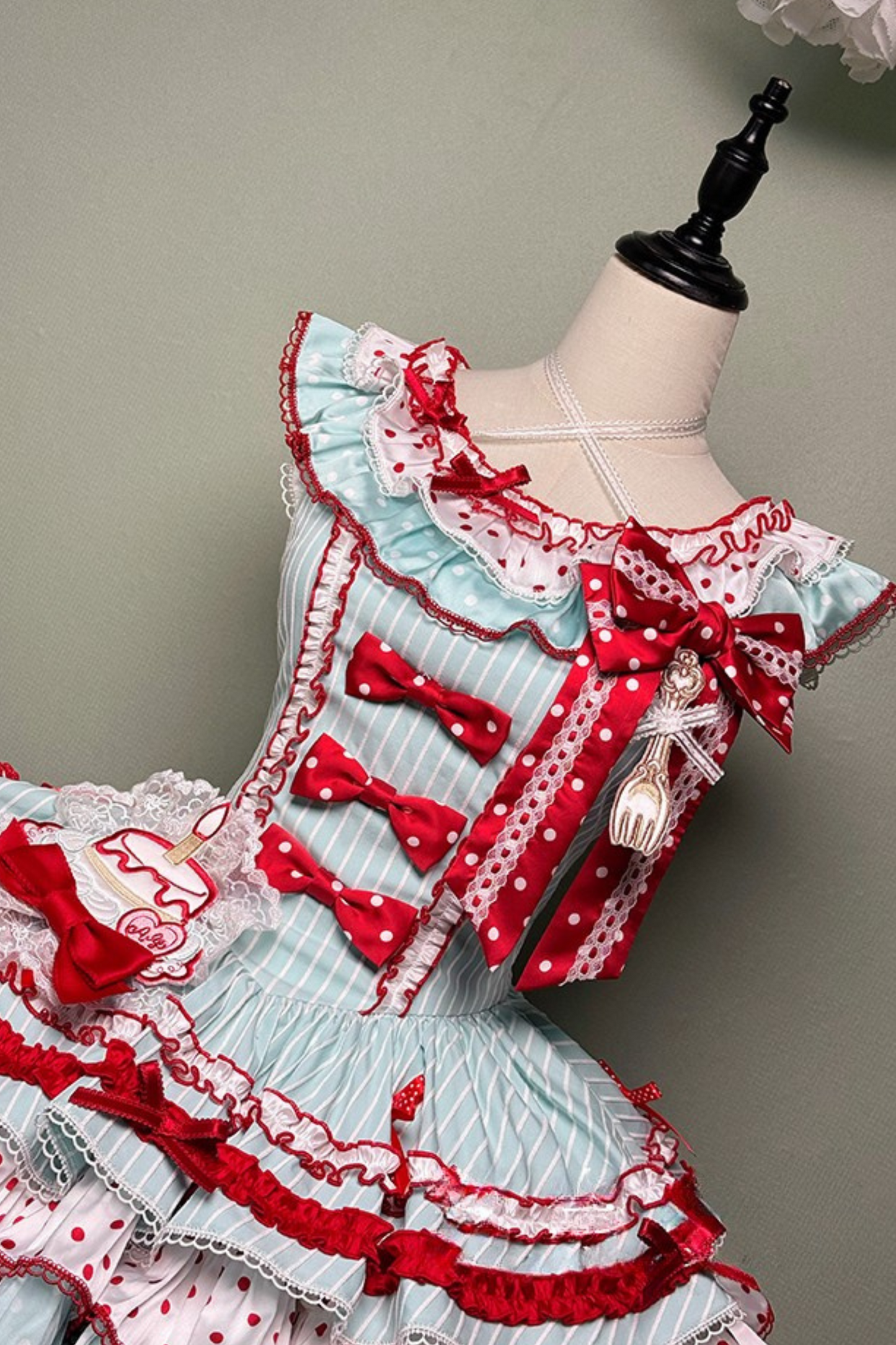 [Pre-order Deadline: September 27] Twin Tiered Lolita Dot Ribbon Striped Dress + Flower Bud Skirt Dress