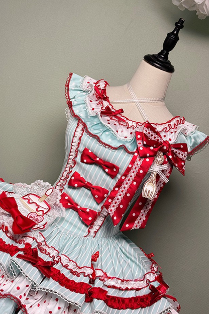 [Pre-order Deadline: September 27] Twin Tiered Lolita Dot Ribbon Striped Dress + Flower Bud Skirt Dress