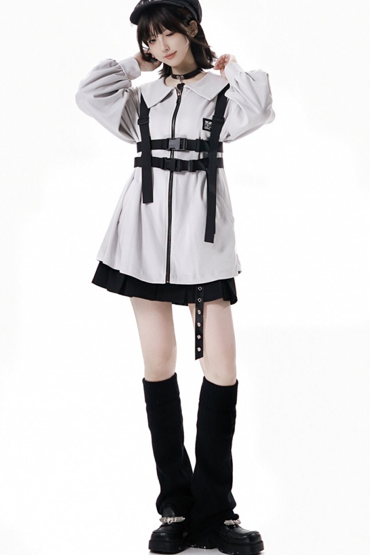 Neutral hooded jacket + coat + top + pants + straps