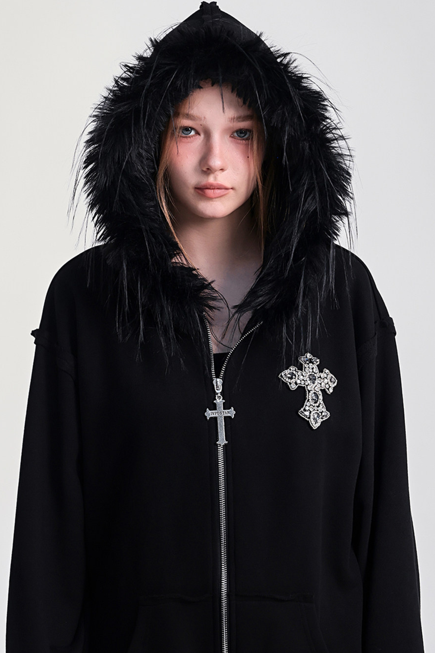 ファーフードモードルーズジップパーカー