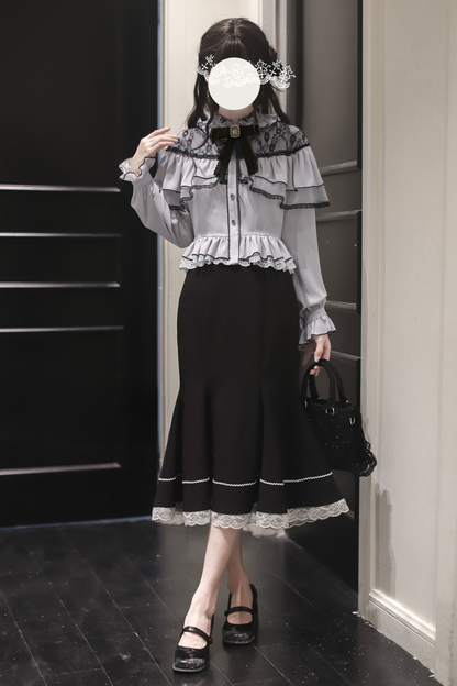 シフォンレースシャツ+フィッシュテールスカート+リボン